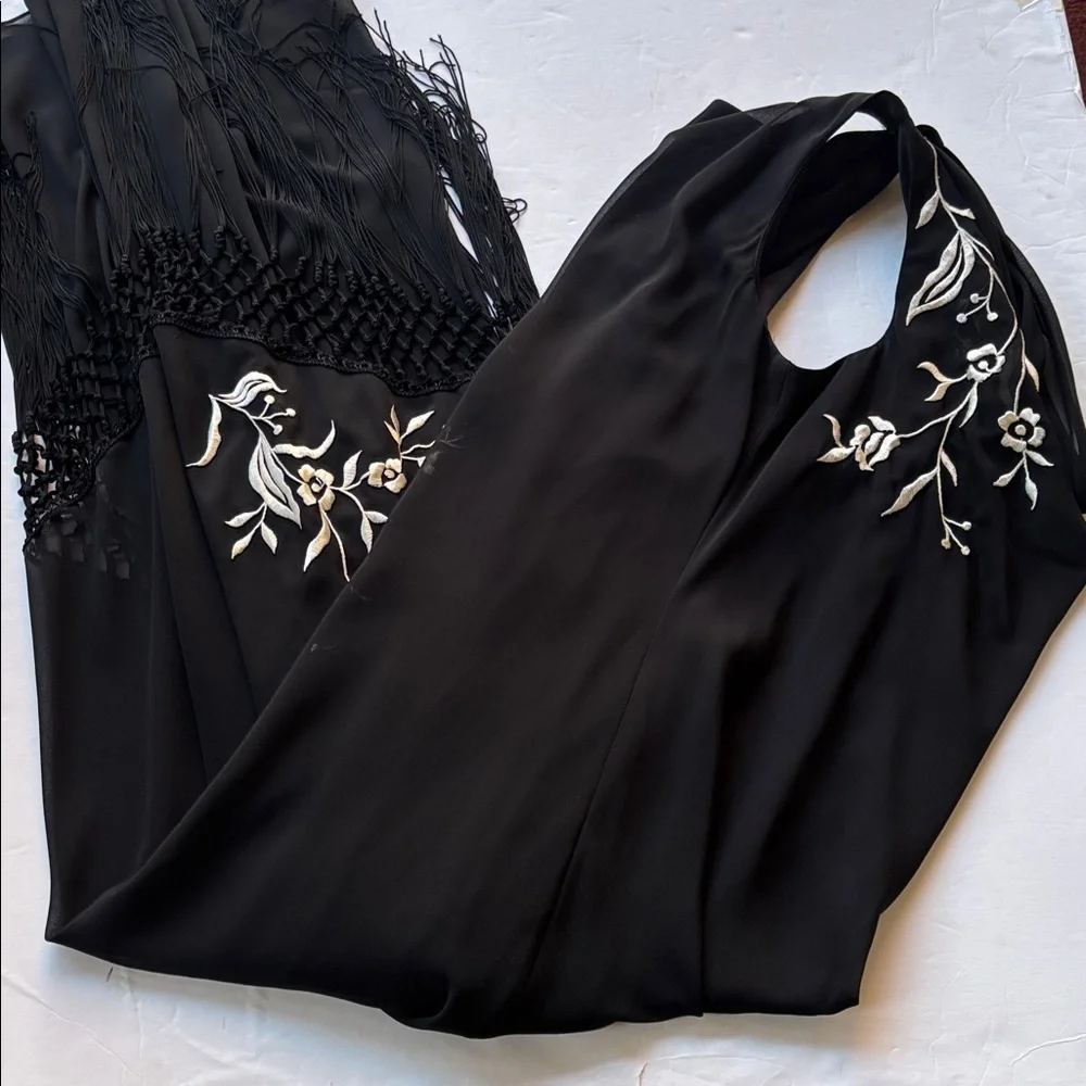 Vintage y2k Maxi Dress Long Dress Black Sue Wong Fringe Cowneck Embroidered - Picture 14 of 17